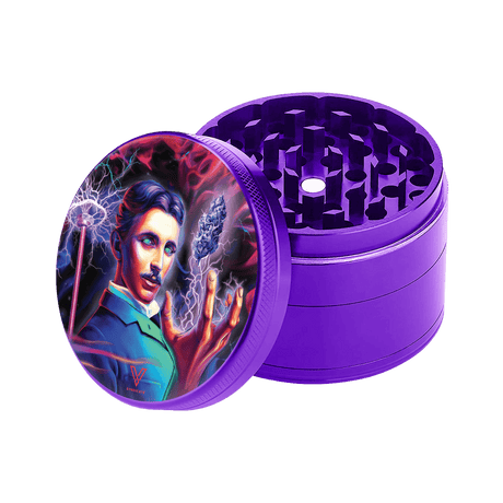 V Syndicate High Voltage 4-Piece SharpShred Grinder in Purple with Tesla Design, Portable and Compact