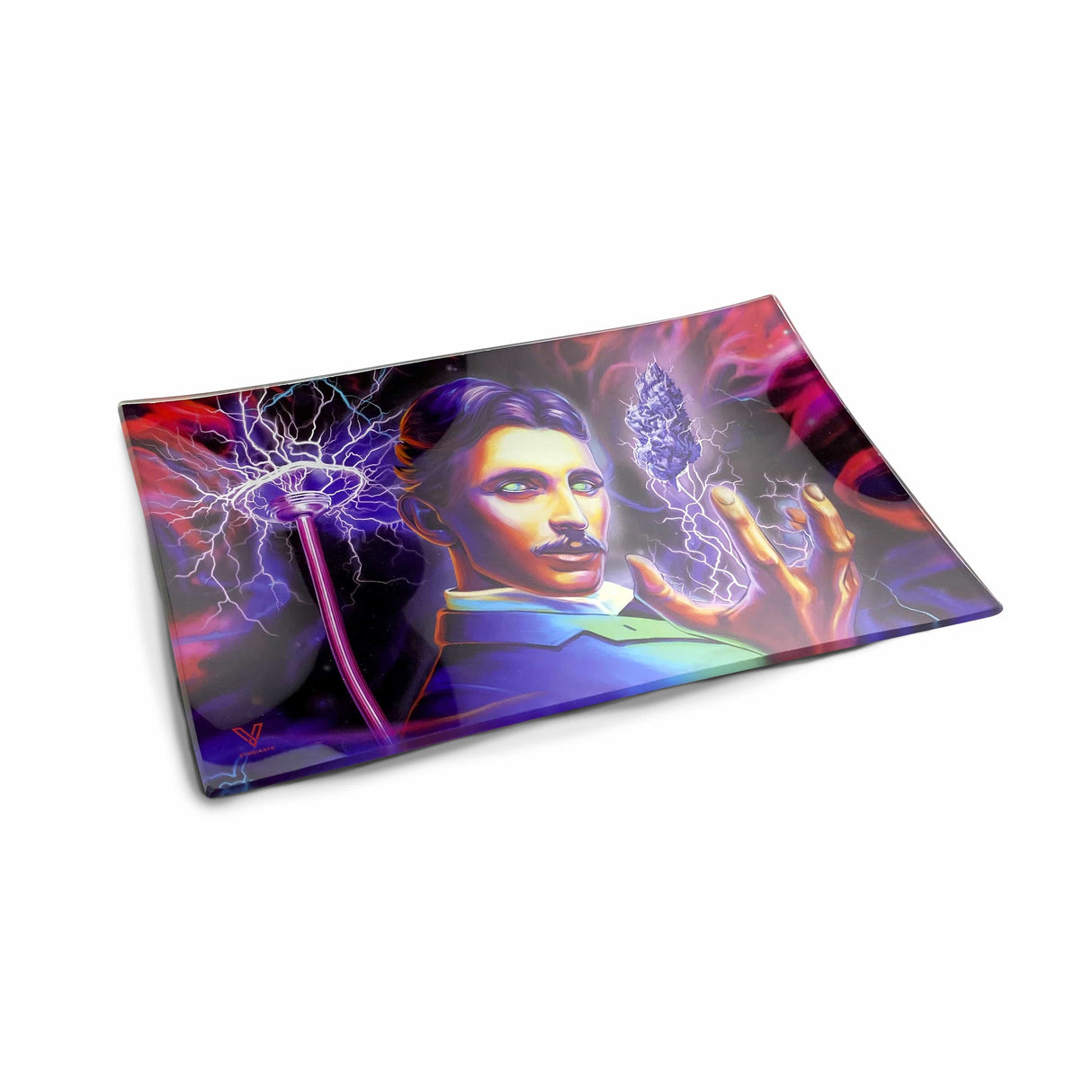 V Syndicate High Voltage Glass Rollin' Tray with vibrant Tesla-themed design, medium size, angled view