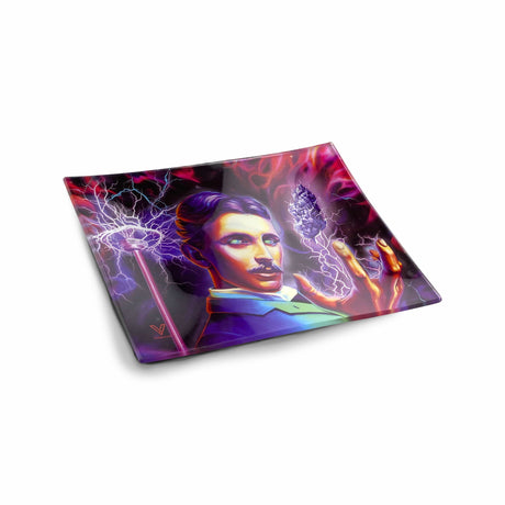V Syndicate High Voltage Glass Rollin' Tray with vibrant Tesla-inspired artwork, angled view