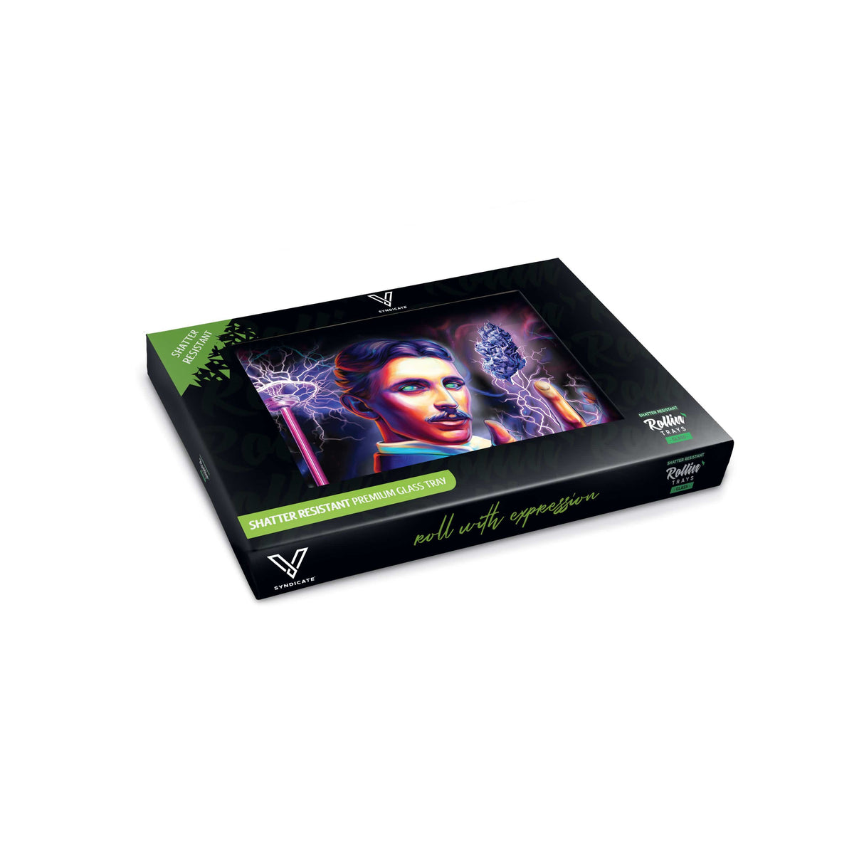V Syndicate High Voltage Glass Rollin' Tray with vibrant electric art design, medium size, front view