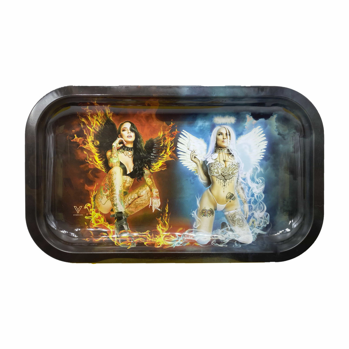 V Syndicate Devil vs Angel Hybrid Rollin' Tray with vibrant dual design, front view, medium size