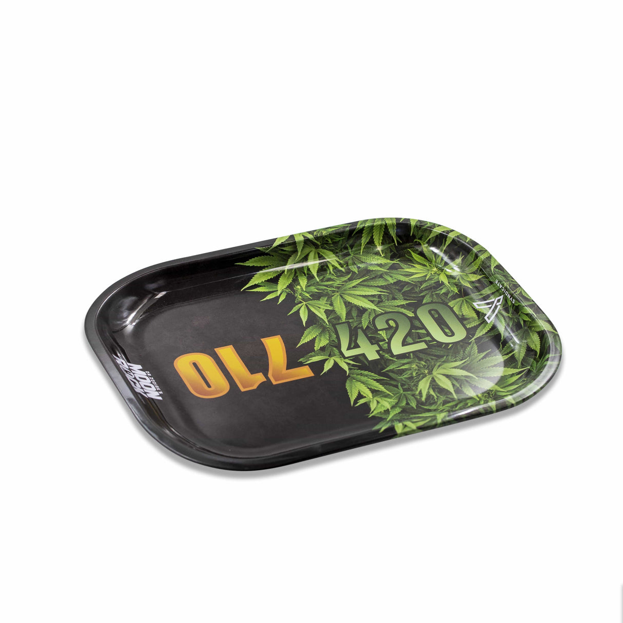 V Syndicate Hybrid 420/710 Rollin' Tray with cannabis leaf design, medium size, angled view