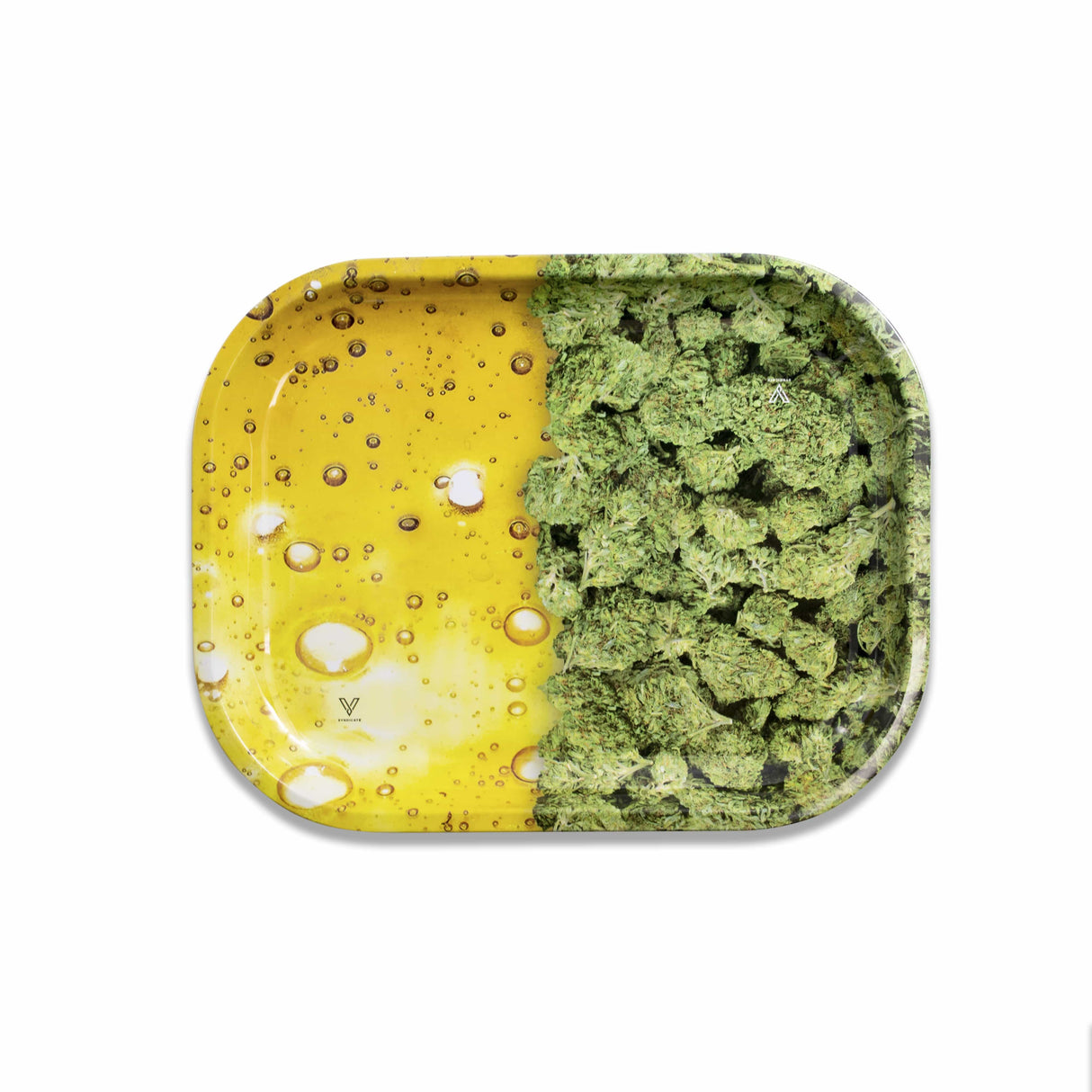 V Syndicate Hybrid Buds/Oil Rollin' Tray with vibrant green herbs on a yellow compact metal tray, top view
