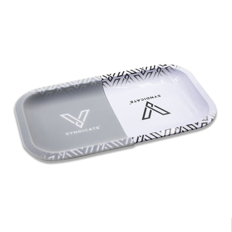 V Syndicate Hybrid Rollin' Tray in black, gray, and white, angled view, perfect for dry herbs