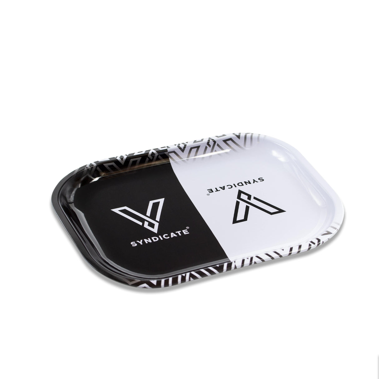 V Syndicate Hybrid Rollin' Tray in black, white, and gray, angled view, perfect for dry herbs and concentrates