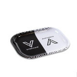 V Syndicate Hybrid Rollin' Tray in black, white, and gray, angled view, perfect for dry herbs and concentrates