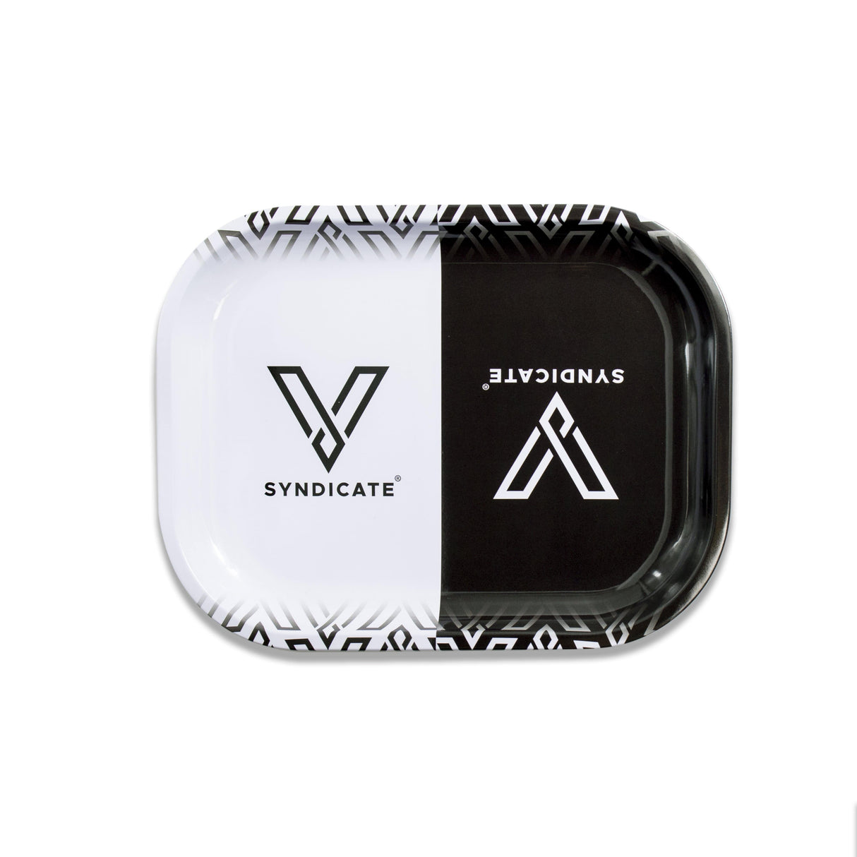 V Syndicate Hybrid Rollin' Tray in black, white, and gray, top view, compact and portable design