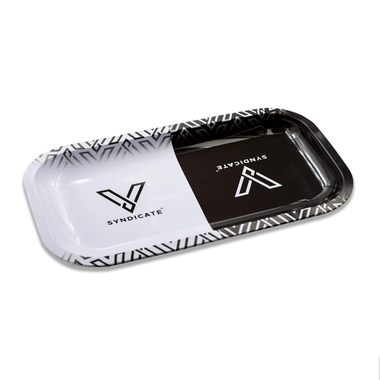 V Syndicate Hybrid Rollin' Tray in black and white, medium size, angled top view, perfect for rolling