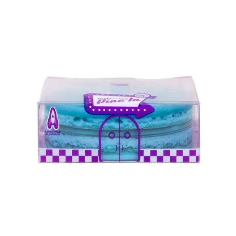 V Syndicate Macaron Blueberry SharpShred Grinder, compact 2-piece design, front view in packaging