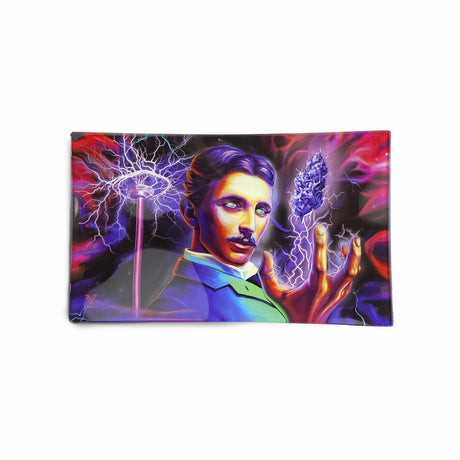 V Syndicate High Voltage Glass Rollin' Tray with vibrant Tesla-inspired artwork, medium size, front view