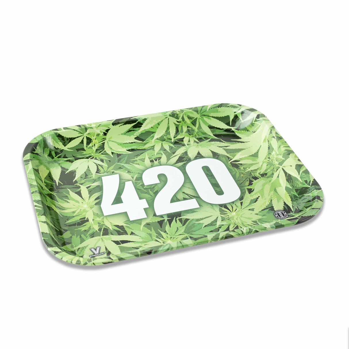 V Syndicate Vibrant 420 Rolling Tray with Cannabis Leaf Pattern - Durable Metal, Easy to Clean