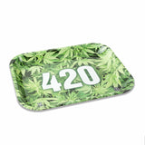 V Syndicate 420 Green Metal Rollin' Tray with cannabis leaf design - Top View