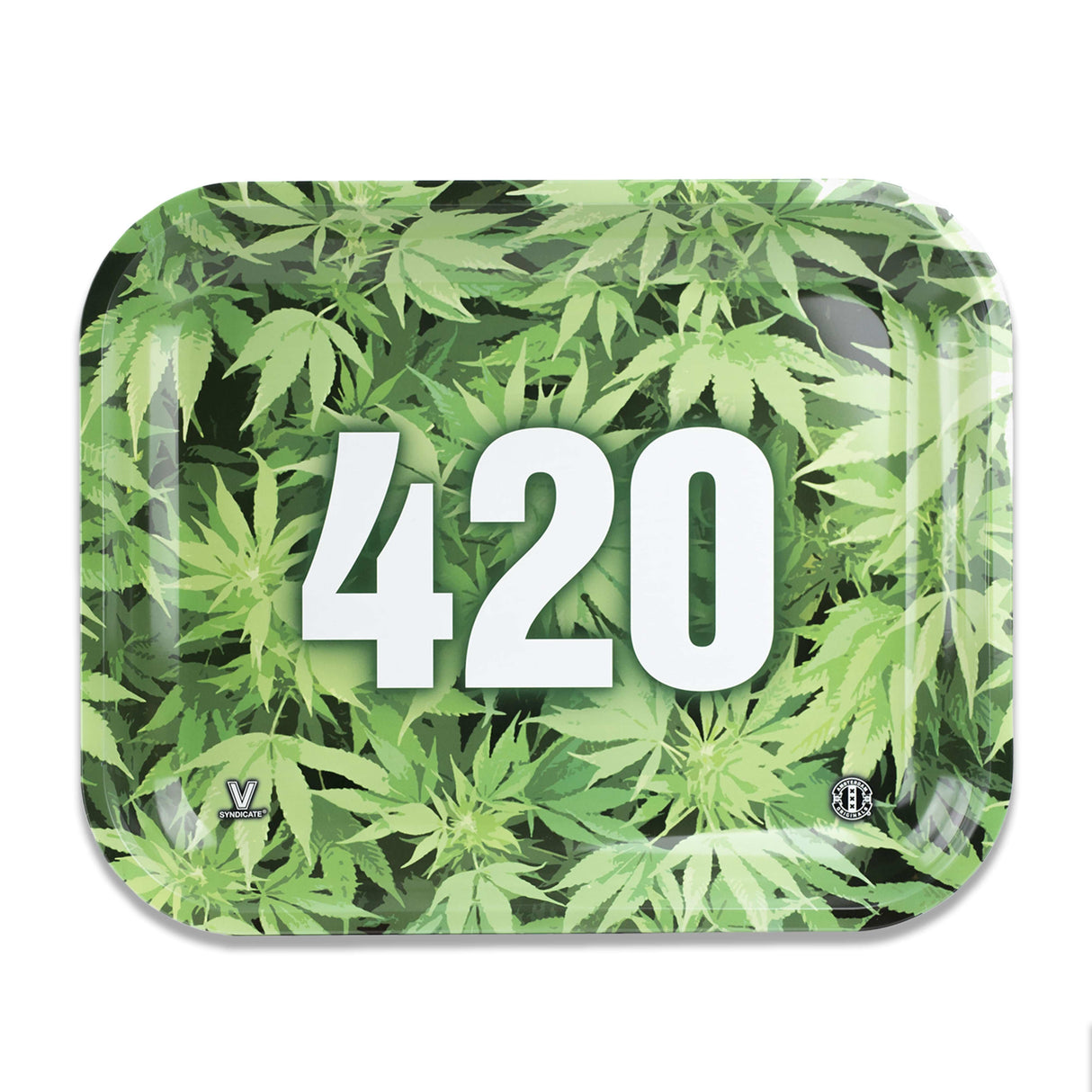 V Syndicate 420 Green Metal Rollin' Tray with cannabis leaf design - top view