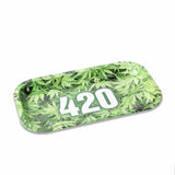 V Syndicate 420 Green Metal Rollin' Tray with Cannabis Leaf Design - Top View