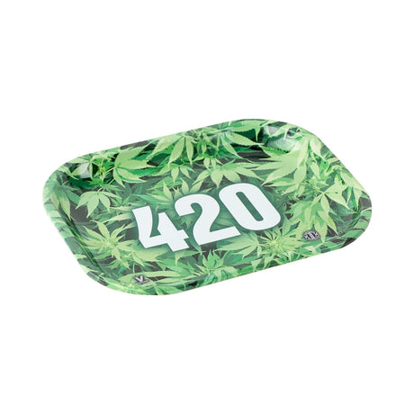 V Syndicate 420 Green Metal Rollin' Tray with cannabis leaf design - Top View