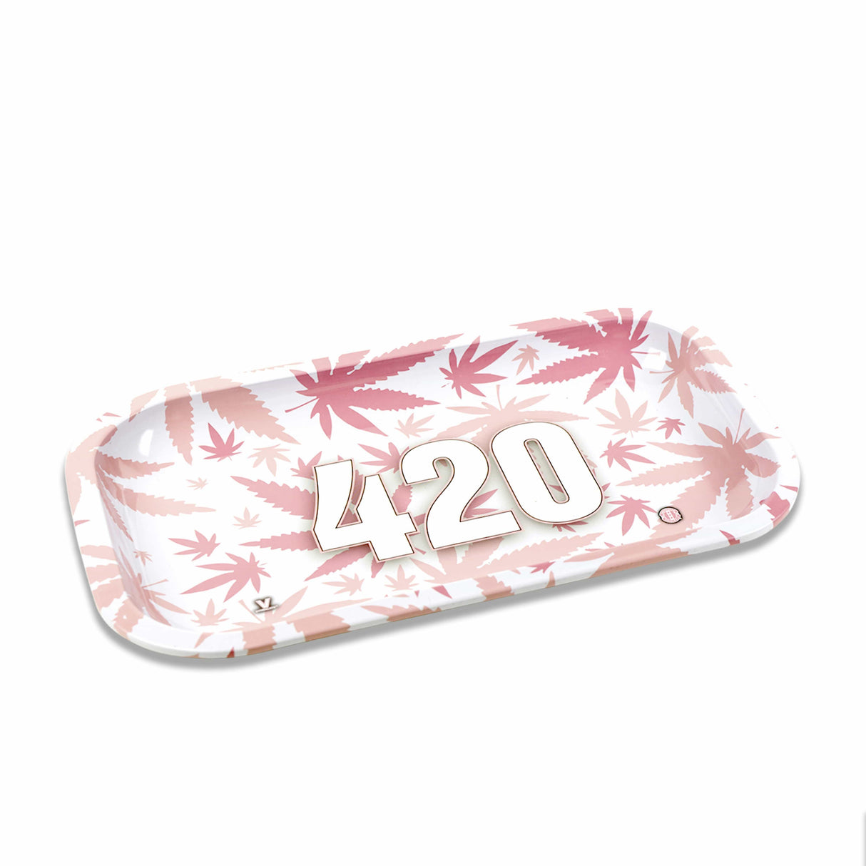 V Syndicate 420 Pink Metal Rollin' Tray with cannabis leaf design, top view on white background