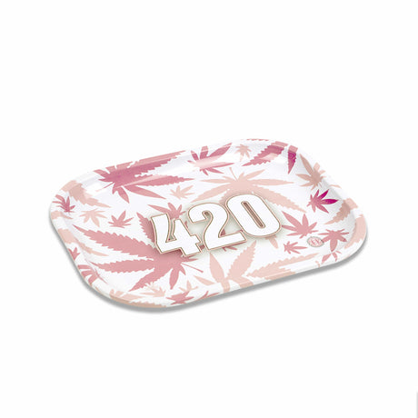 V Syndicate 420 Pink Metal Rollin' Tray with cannabis leaf design, top view on white background