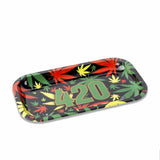V Syndicate 420 Rasta Metal Rolling Tray with colorful leaf design, top view, compact and portable
