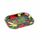 V Syndicate 420 Rasta Metal Rolling Tray with colorful cannabis leaf design - top view