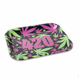 V Syndicate 420 Retro Metal Rollin' Tray with vibrant cannabis leaf design in pink and green