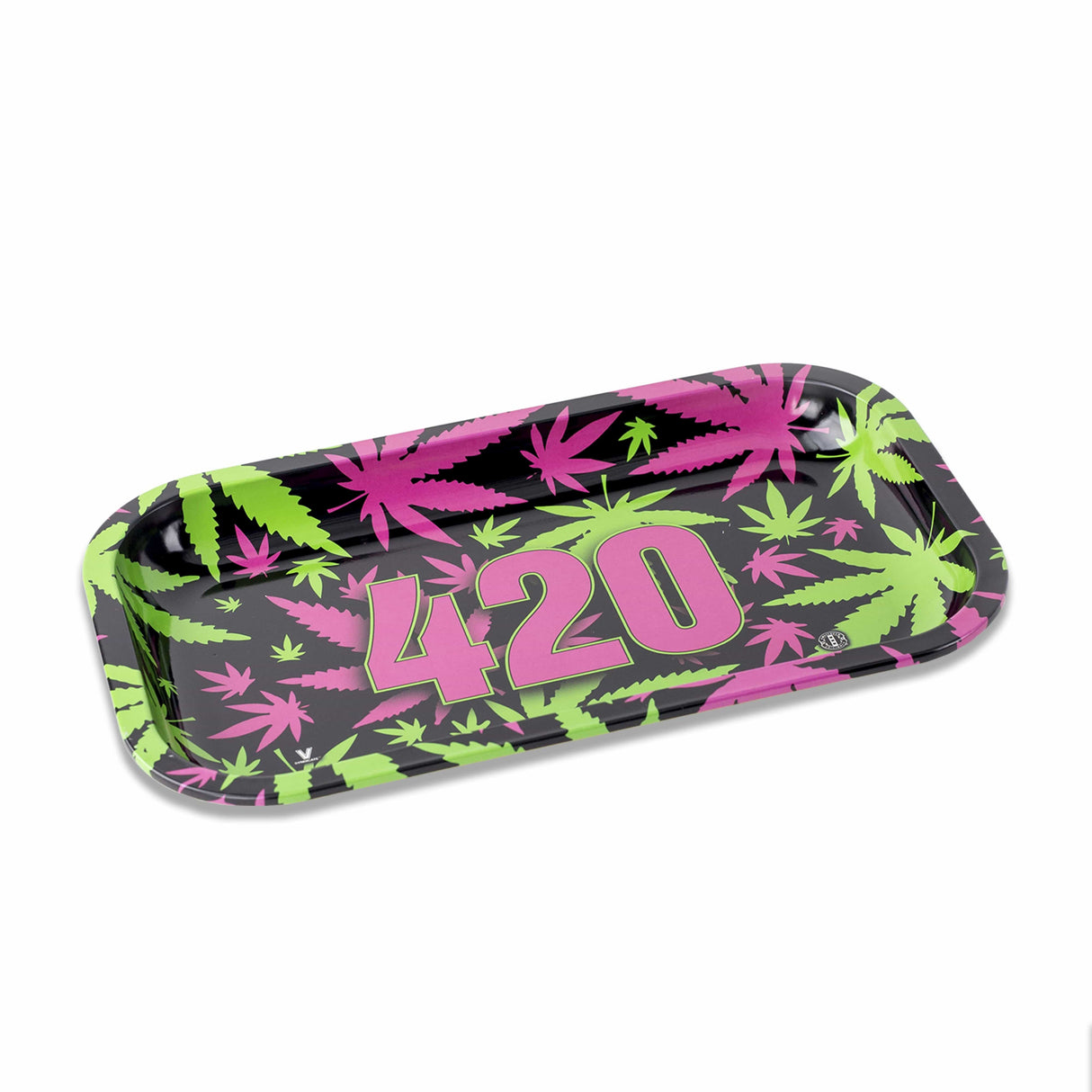 V Syndicate 420 Retro Metal Rollin' Tray with colorful cannabis leaf design - top view