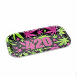 V Syndicate 420 Retro Metal Rollin' Tray with colorful cannabis leaf design - top view