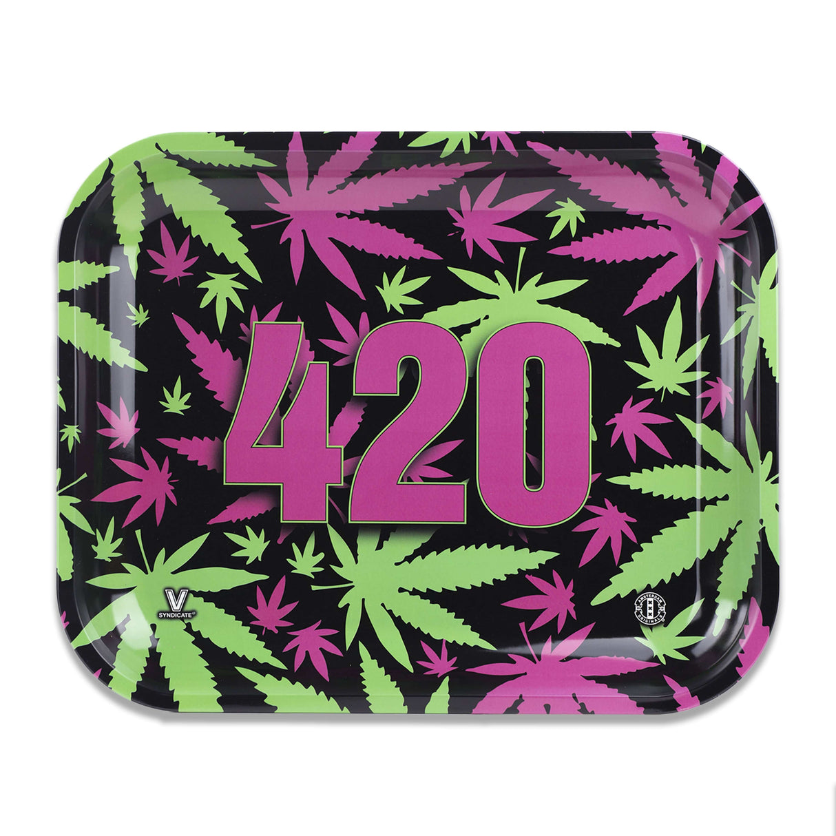 V Syndicate 420 Retro Metal Rollin' Tray with colorful cannabis leaf design, top view