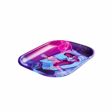 V Syndicate Button Mash'd Metal Rollin' Tray in Pink/Purple, Compact Design, Angled View