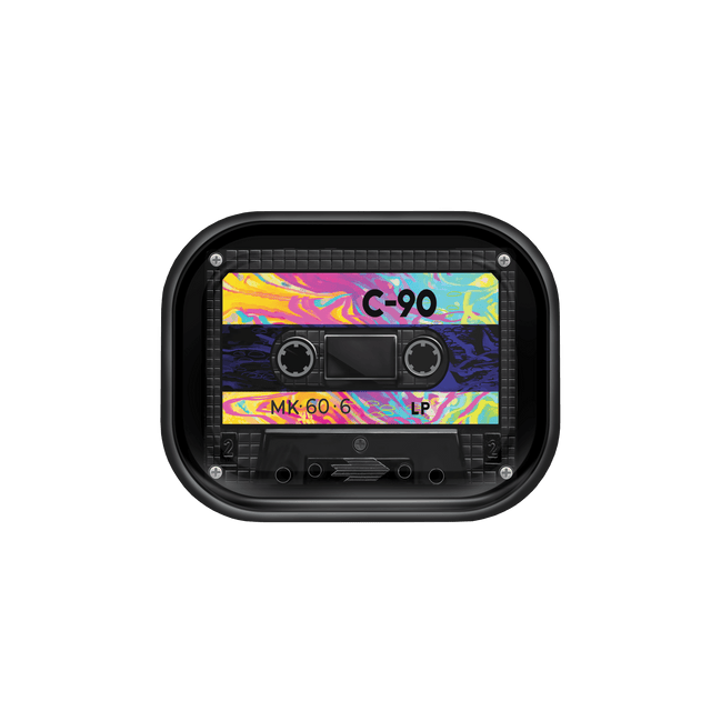 V Syndicate Cassette Metal Rollin' Tray with colorful retro tape design, medium size, perfect for dry herbs