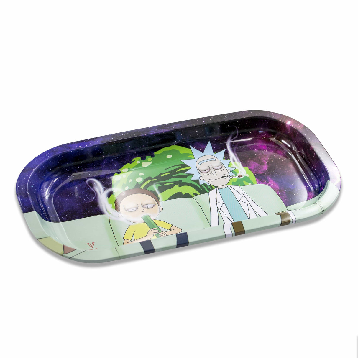 V Syndicate Couch Lock Metal Rollin' Tray with vibrant Rick and Morty design, compact and portable