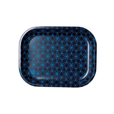 V Syndicate Geo Rings Metal Rollin' Tray in blue with psychedelic design, compact and portable