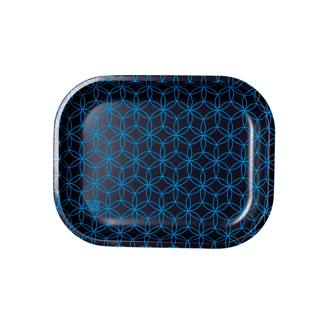 V Syndicate Geo Rings Metal Rollin' Tray in blue with psychedelic design, compact and portable