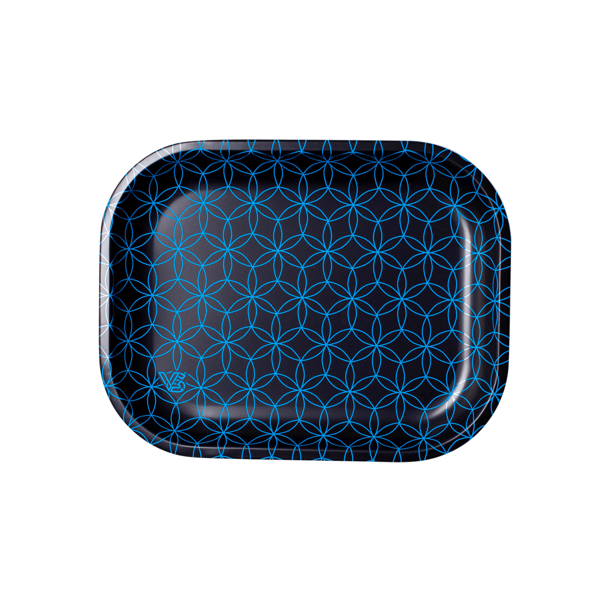 V Syndicate Geo Rings Compact Metal Rolling Tray with blue psychedelic pattern, top view