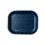 V Syndicate Geo Rings Metal Rollin' Tray in blue with psychedelic design, compact and portable