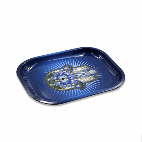 V Syndicate Hamsa Blue Metal Rollin' Tray, Compact Design, Angled View on White Background