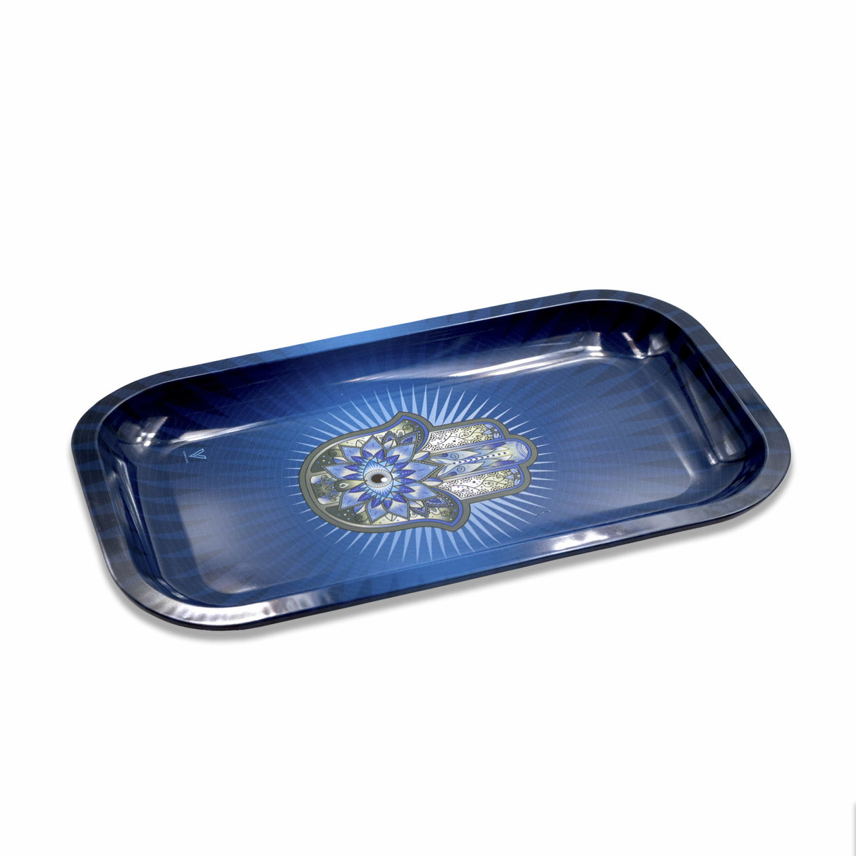 V Syndicate Hamsa Blue Metal Rollin' Tray, medium size with portable design, angled view