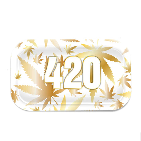 V Syndicate 420 Gold Metal Rollin' Tray with cannabis leaf design - Medium Size