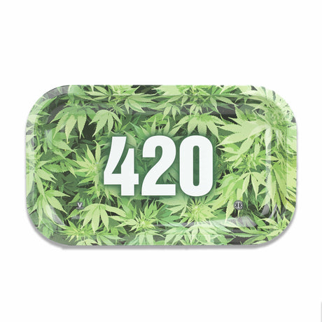 V Syndicate 420 Green Metal Rollin' Tray with Cannabis Leaf Design - Medium Size