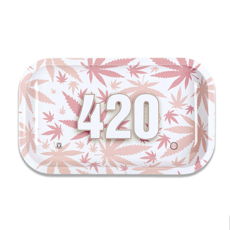 V Syndicate 420 Pink Metal Rollin' Tray with cannabis leaf design, medium size, top view