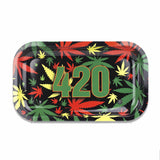 V Syndicate 420 Rasta Metal Rollin' Tray with colorful leaf design, medium size, top view