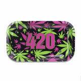 V Syndicate 420 Retro Metal Rollin' Tray in medium size with colorful cannabis leaf design