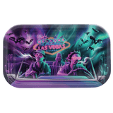 V Syndicate Bat Country Metal Rollin' Tray with vibrant purple and teal Las Vegas design, medium size, top view