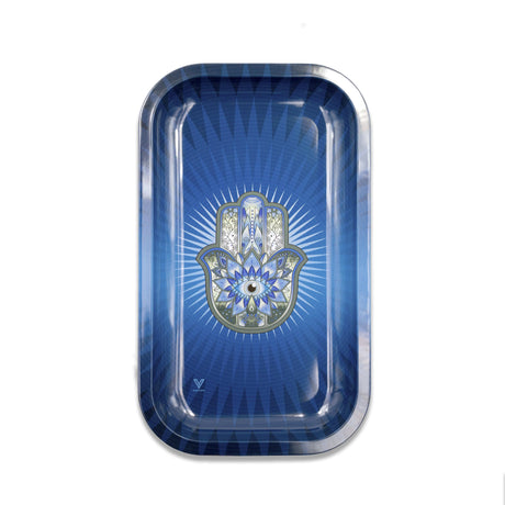 V Syndicate Hamsa Blue Metal Rollin' Tray, medium size with intricate design, top view