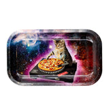V Syndicate Pussy Vinyl Metal Rollin' Tray - Medium, Cosmic Background with DJ Cat & Pizza