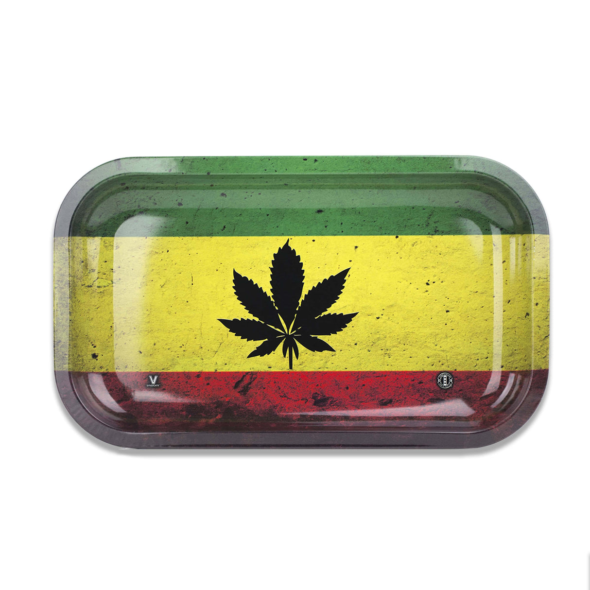 V Syndicate Rasta Leaf Metal Rolling Tray in Medium Size with Rastafarian Flag Colors