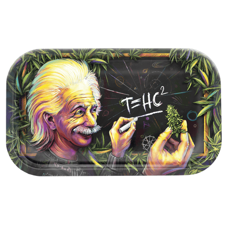 V Syndicate T=HC2 Higher Education Metal Rolling Tray with Einstein and cannabis leaves design