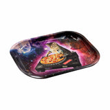 V Syndicate Pussy Vinyl Metal Rollin' Tray with cosmic cat design, medium size, perfect for dry herbs