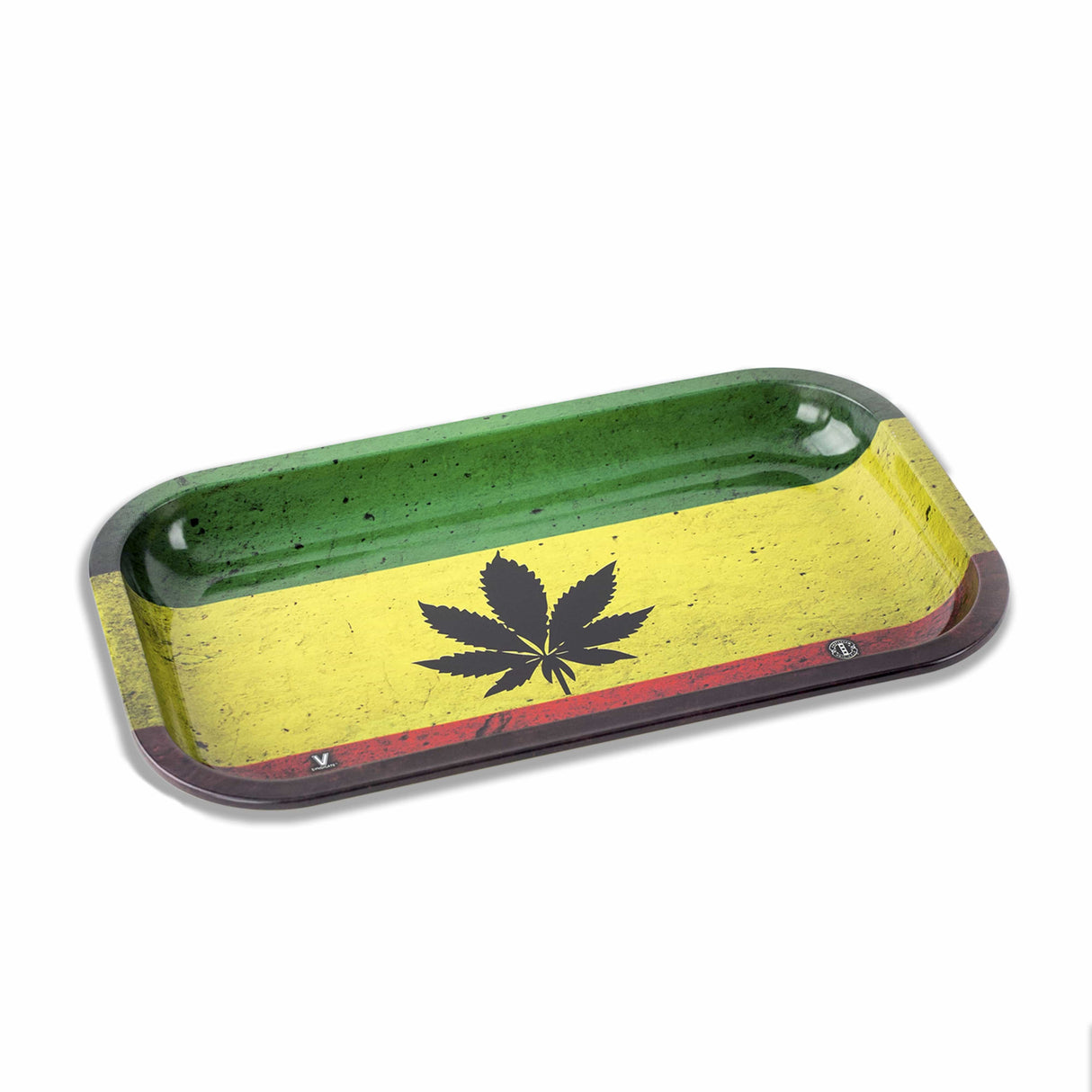 V Syndicate Rasta Leaf Metal Rolling Tray in vibrant red, yellow, and green with a centered leaf design.