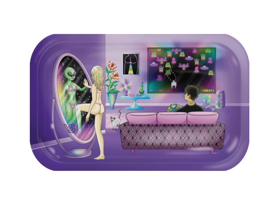 V Syndicate Reflections Metal Rollin' Tray with whimsical purple design, medium size, perfect for dry herbs