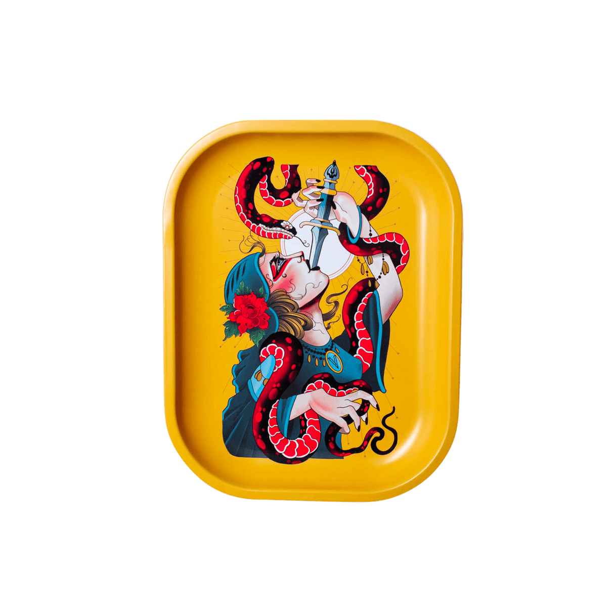 V Syndicate Serpentine Metal Rollin' Tray with vibrant yellow background and novelty design, perfect for dry herbs.
